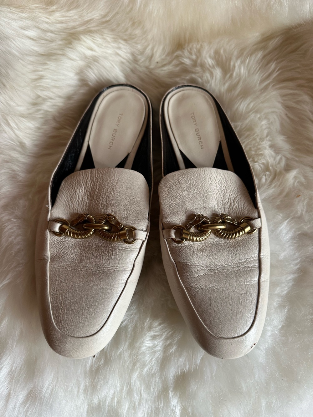 Tory Burch Cream Leather Slip-On Mules with Gold Chain